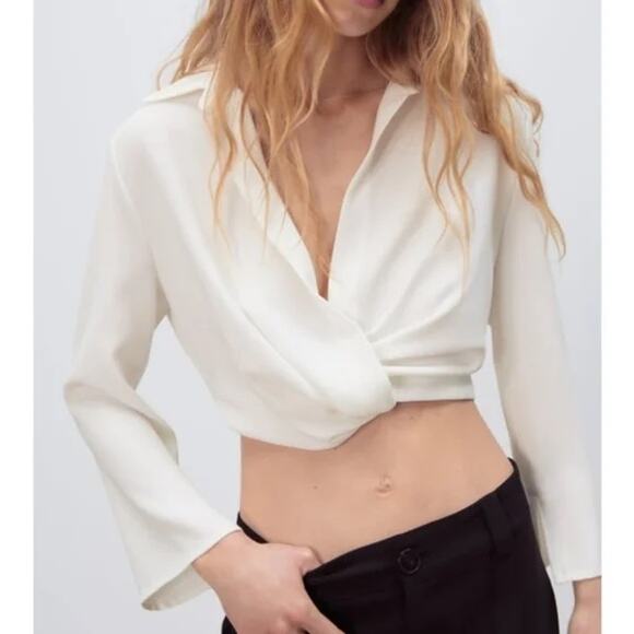 Zara Pleated Cropped Long Sleeve Top in White - Picture 4 of 11